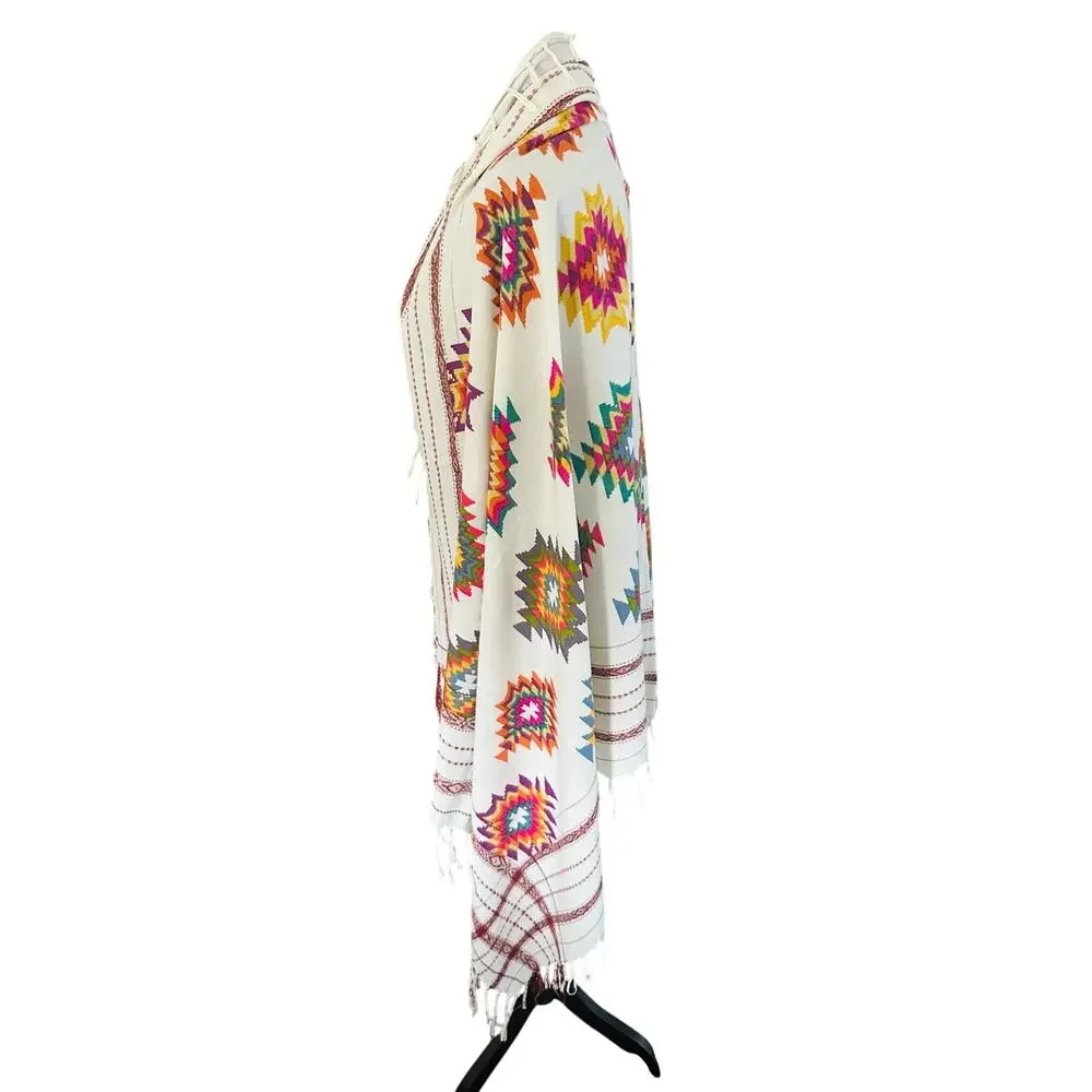 Vismaya White Multi-Color Geometric Aztec Fringe Shawl Scarf Wrap
